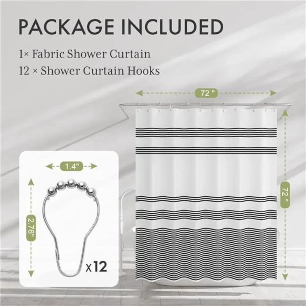 Shower Curtain, Washable Cloth Black Shower Curtain Sets with 12 Shower Curtain
